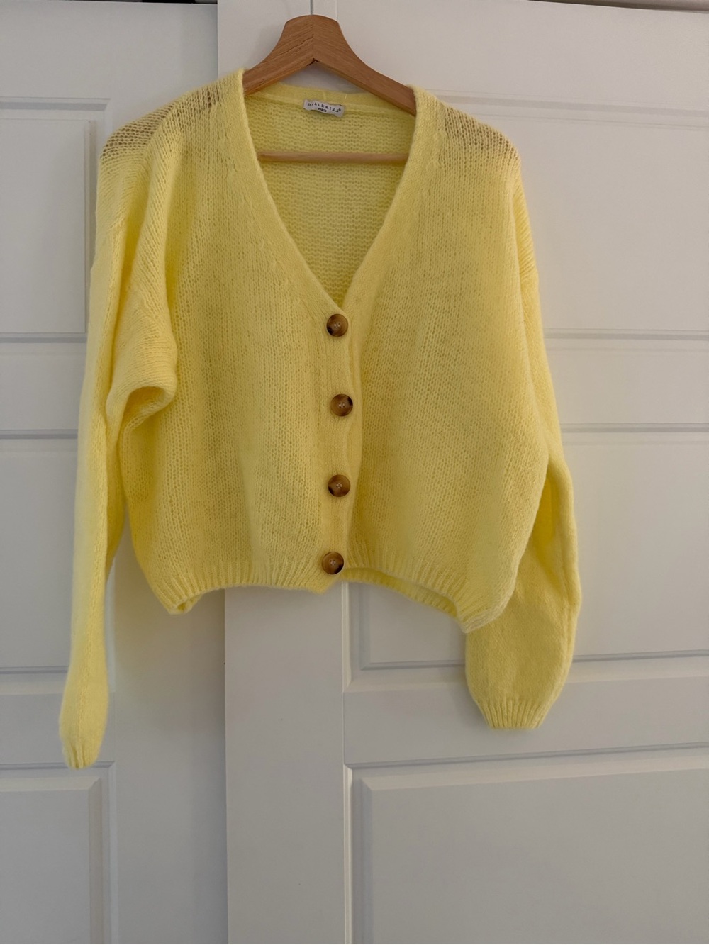 Soft Yellow V-Neck Button-Front Cardigan with mohair .